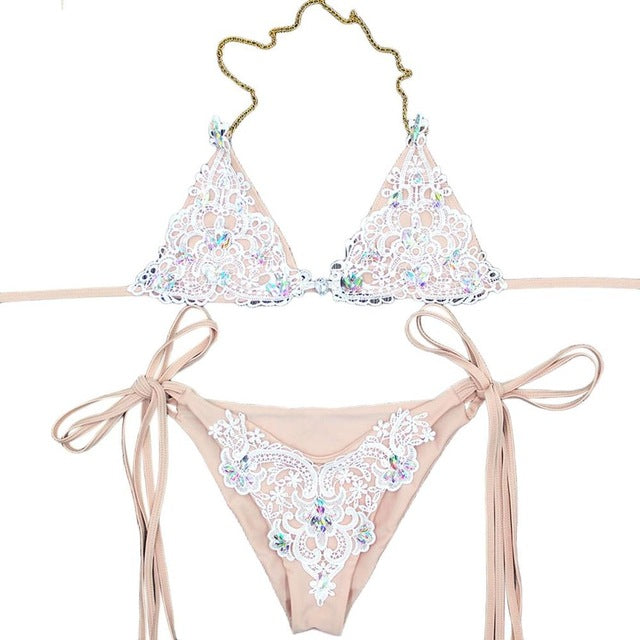 Fantasy Crystal-inlaid Metal Neck Strap Patchwork Bikini