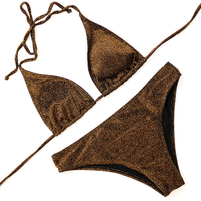 Shine Bright Like a Diamond Gold/Silver Glitter Halter Brazilian Bikini